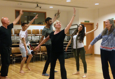 Participants during the Chorus in Action Workshop: six adults with hands raised