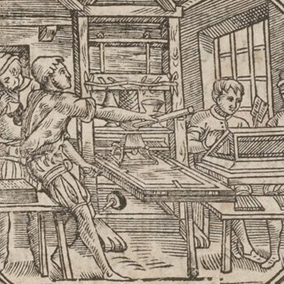 A woodcut depicting a printers, from 1555 edition La Médée