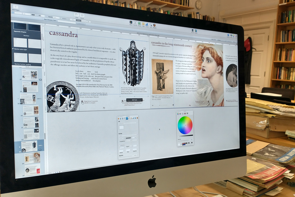 Photograph of a computer screen in a library, with the iBooks Author programme open on the screen