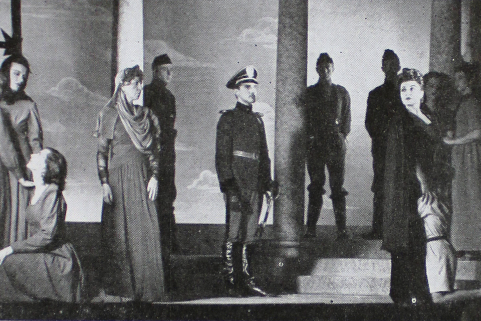 Black and white photograph of a scene from a performance of Trojan Women