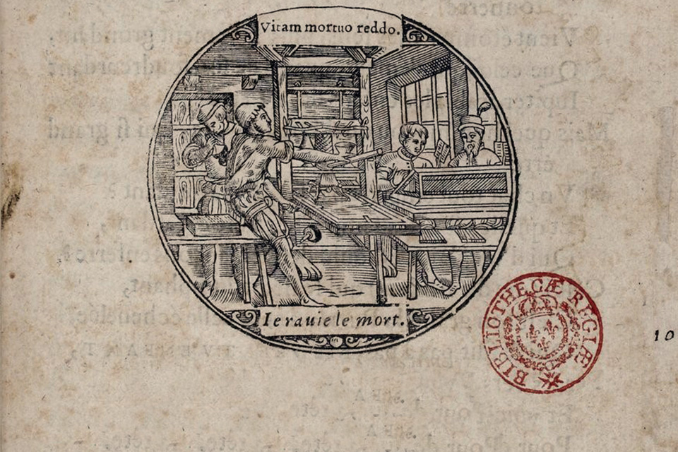 A woodcut illustration from 1555, depicting a printers with the Latin motto: I restore life to the dead