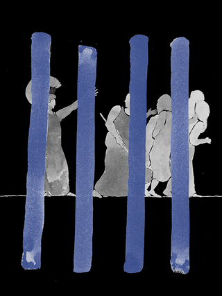 Watercolour illustration: four thick blue vertical bars across a crowd of people being turned away or shunned by an authority figure wearing an ancient Greek helmet