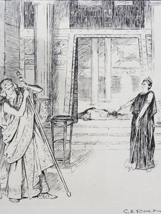 Detail of an illustration, by CE Brock, of the 1900 Cambridge Greek Play: Agamemon