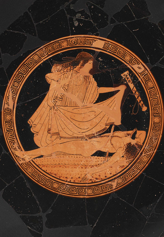 Image of a red figure Attic kylix showing the suicide of Ajax.