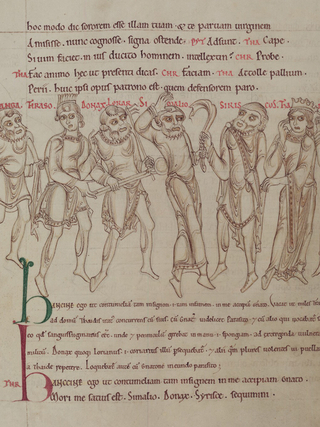 Illustrated mid 12th century manuscript, paragraphs of handwritten Latin text above and below an image of eight characters from Terence's Eunuchus