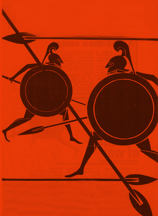 An orange image of two soldiers in battle, illustrated in the style of a Greek vase painting.