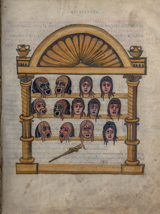 Ninth-century colour illustration of a collection of theatrical masks for the play Phormio by Terence