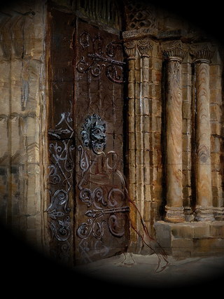 An oil painting depicting the outline of an otherwise invisible figure at a large wooden church door