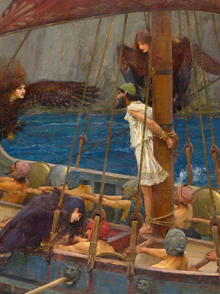 A cropped image of a painting of Odysseus tied to the past of his ship, surrounded by Sirens. 