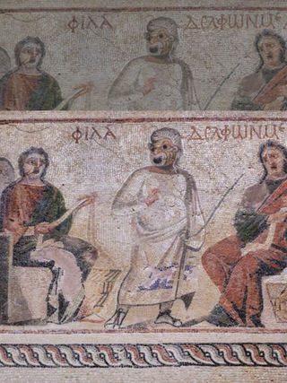 A mosaic depicting three male figures, two seated either side of a central standing figure