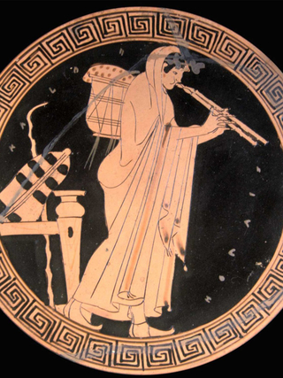 An aulos player on a red-figure Attic kylix.