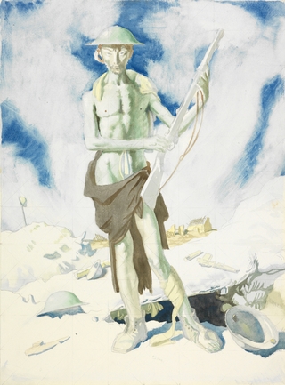 Blown Up, an art piece by William Orpen, showing a soldier standing in front of the edge of a dugout. He  stands in a classical pose.