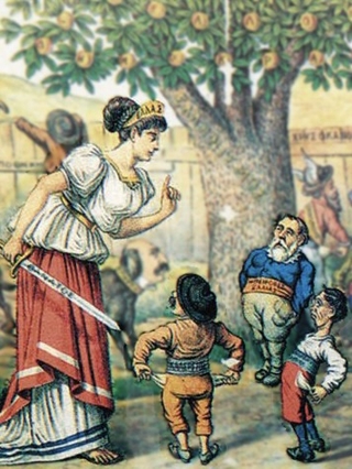 A caricature of a woman holding a sword scolding three small men.