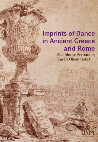 The cover of Imprints of Dance in Ancient Greece and Rome, written in purple font against a sepia image of a man drawing a ruin in front of the Colosseum. 