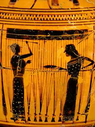 A scene from a black-figure vase showing women weaving at a loom.