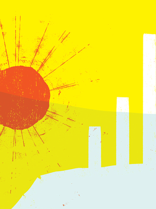 Abstract illustration of a red sun and white ruined columns, half-submerged by a layer of transparent blue, against a vivid yellow background