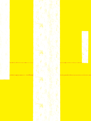 Abstract illustration of a white columns against a vivid yellow background with red horizontal lines