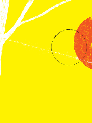 Abstract illustration of a white tree against a vivid yellow background with a filled red circle and a black ring