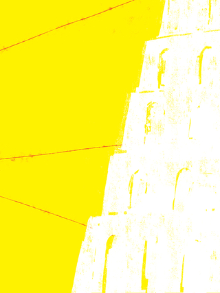 Abstract illustration of a white tower of babel against a vivid yellow background with a red lines