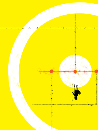 Abstract illustration: black and red intersecting lines on a vivid yellow background with a white circle on which stands an upside down silhouetted figure, surrounded by a larger concentric white ring.