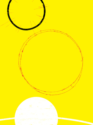 Abstract illustration of a white ringed planet against a vivid yellow background with the outline of a red circle and a black circle