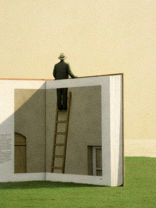 A painting of an open book, stood upright, the right-hand page shows an image of a ladder against a wall, a man at the top of the ladder is looking out over the top of the book