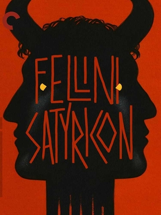 DVD cover for Fellini Satyricon, two back-to-back black silhouetted heads, with yellow eyes, against a red background