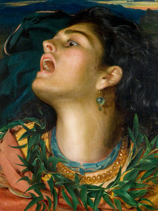 Nineteenth-century oil painting of ancient Trojan woman crying out in distress