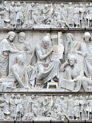 A composite image showing detail from a white marble frieze depicting 'great poets', including Homer, Dante, and Chaucer, among many others