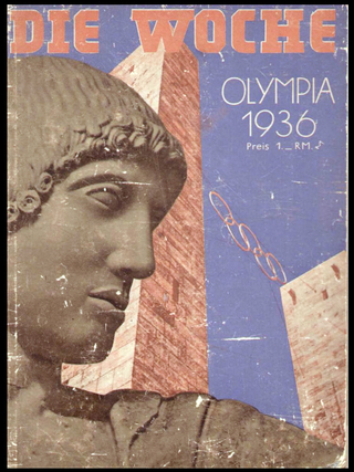 Front cover of Die Woche newspaper, Olympics 1936 edition, depicting the face of an ancient statue in front of the olympic rings