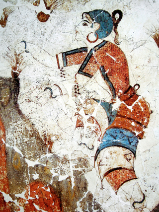 an ancient Greek fresco depicting a figure gathering Saffron