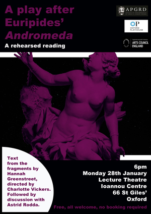 Poster for a rehearsed reading of Andromeda at the APGRD in 2019