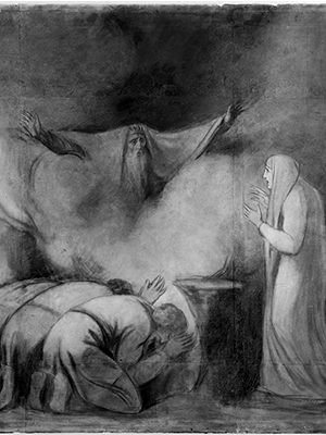 Black and white sketch by George Romney of the The Ghost of Darius Appearing to Atossa