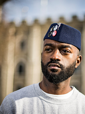 Photograph of Inu Ellams at the Tower of London; Henry Nicholls © SWNS.com